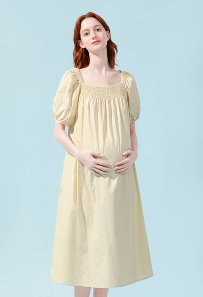 High Waisted Cotton Bishop Sleeve Midi Dress