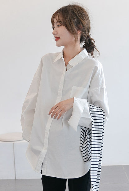 Chic White Maternity Shirt with Removable Striped Shoulder Wrap