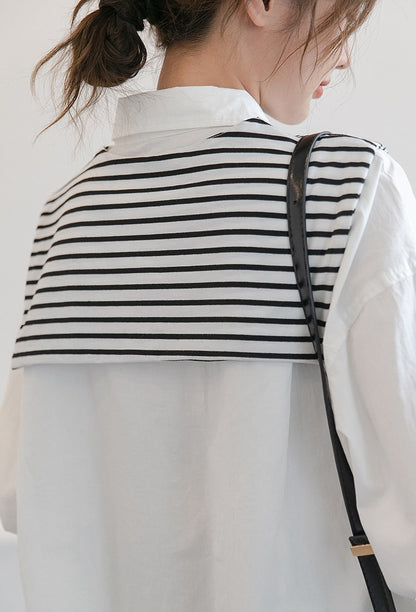 Chic White Maternity Shirt with Removable Striped Shoulder Wrap