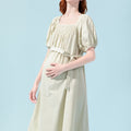High Waisted Cotton Bishop Sleeve Midi Dress