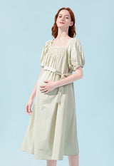 High Waisted Cotton Bishop Sleeve Midi Dress