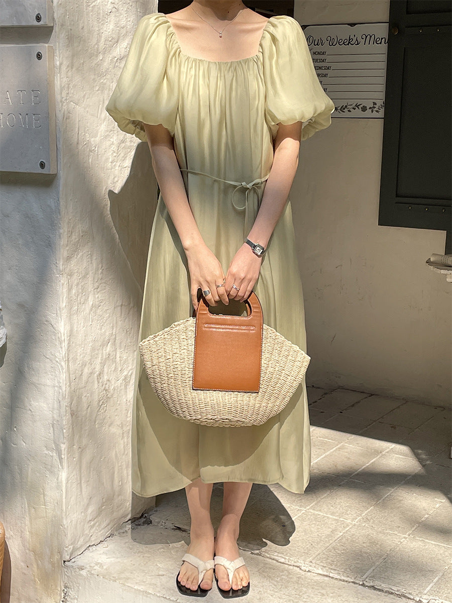 Square neck puff sleeve midi dress sale