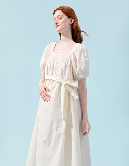 High Waisted Cotton Bishop Sleeve Midi Dress