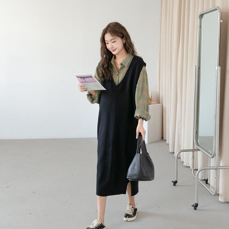 V-Neck Sleeveless Maternity Dress & Plaid Shirt Set