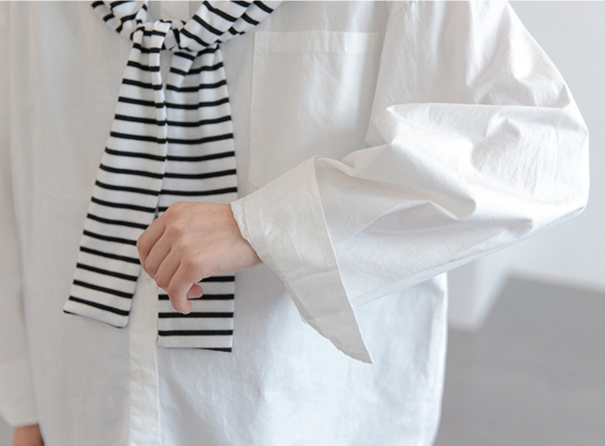 Chic White Maternity Shirt with Removable Striped Shoulder Wrap