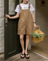 Cotton Loose Wide Leg Short Overall Romper Khaki