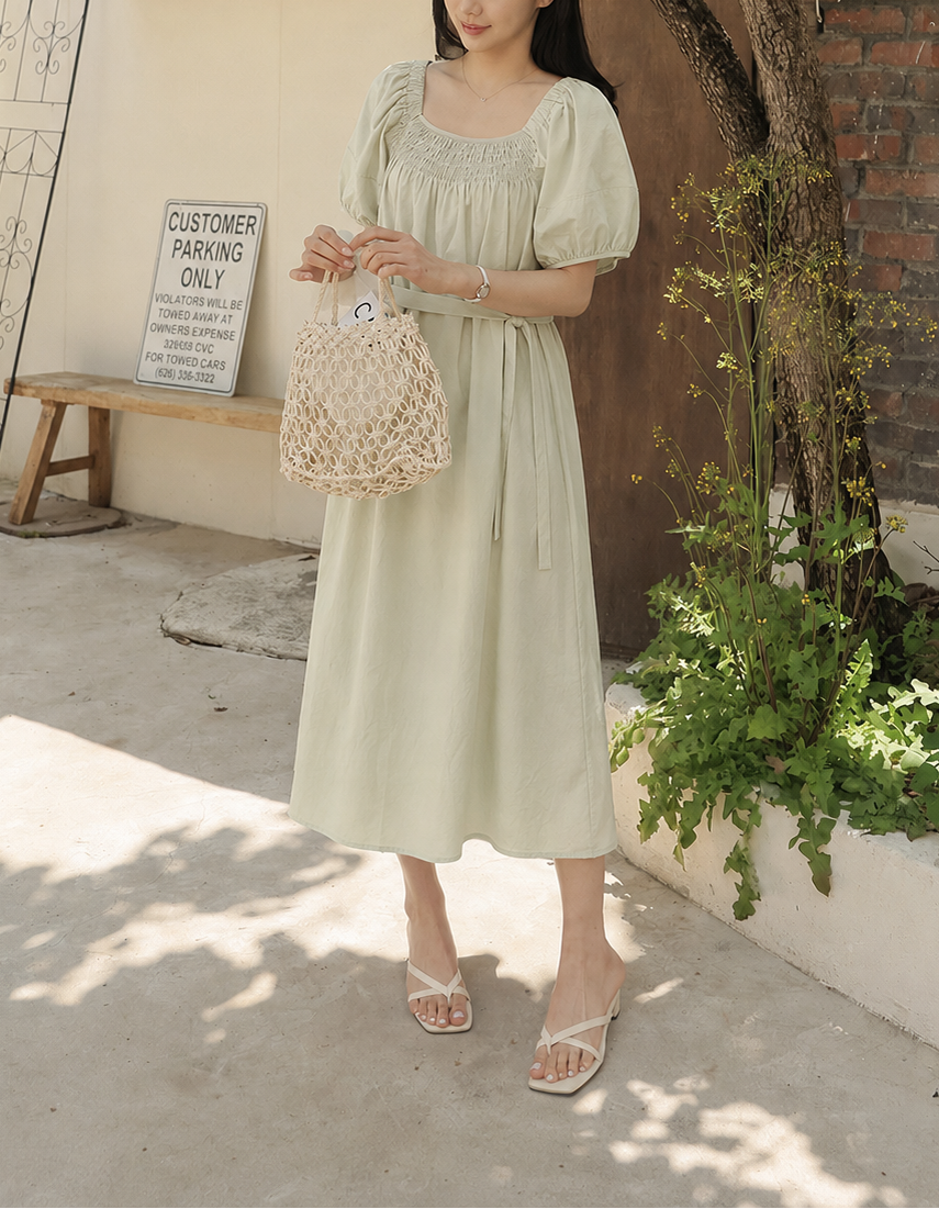 High Waisted Cotton Bishop Sleeve Midi Dress