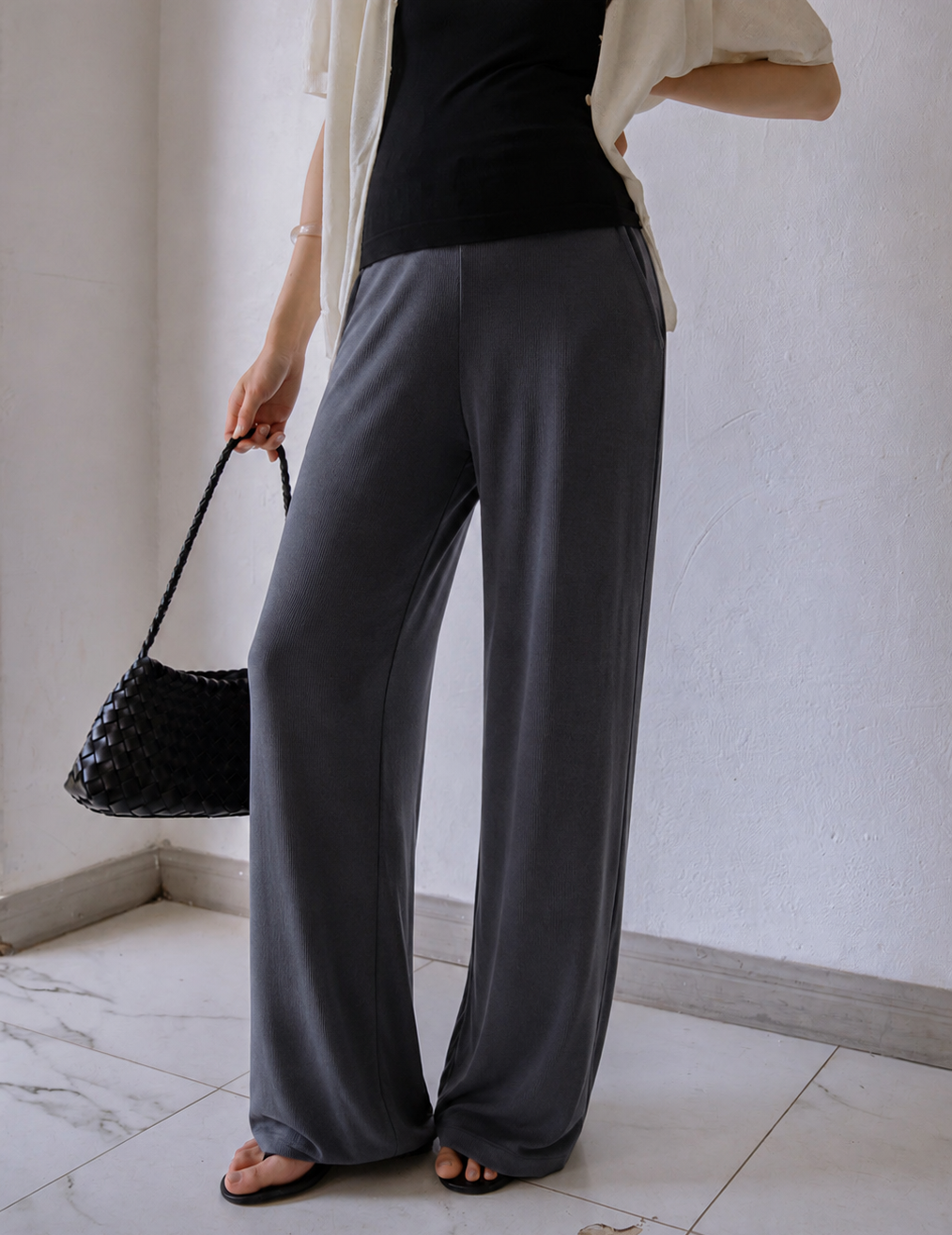Wide Leg Crossover Waist Cotton Silk Pants Grey