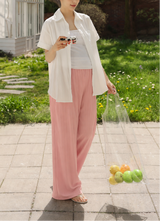 Wide Leg Crossover Waist Cotton Silk Pants Pink
