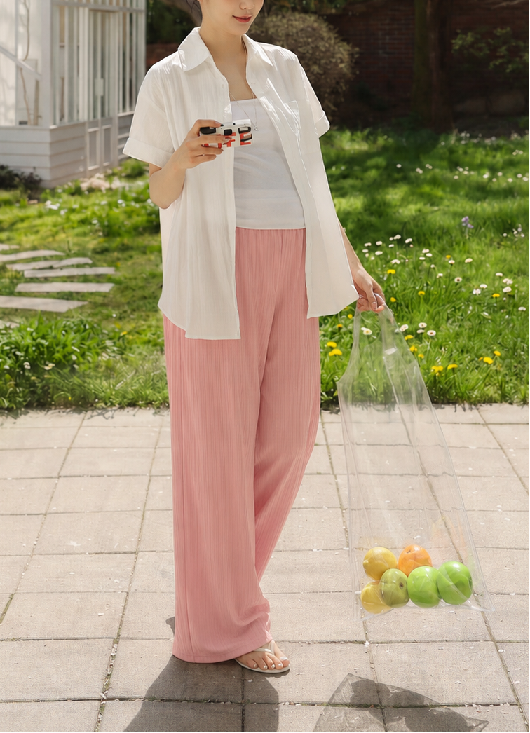 Wide Leg Crossover Waist Cotton Silk Pants Pink
