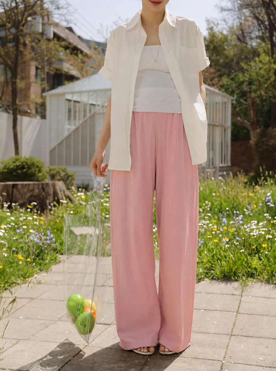 Wide Leg Crossover Waist Cotton Silk Pants Pink