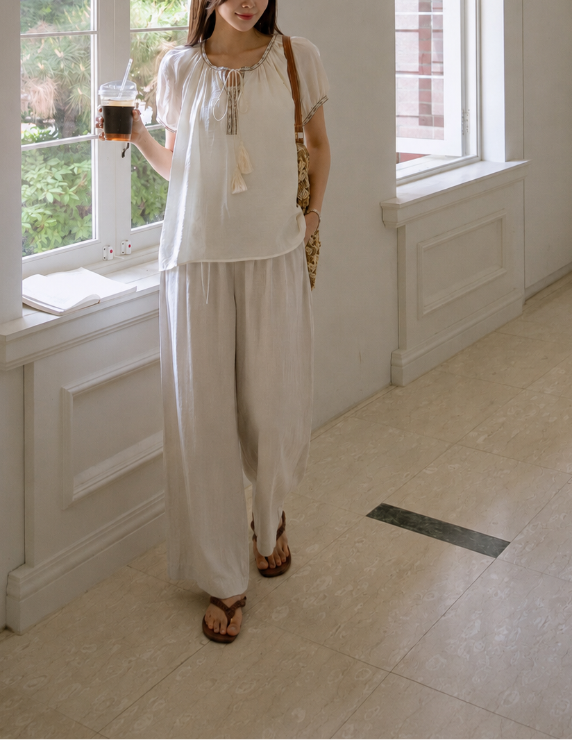 Wide Leg Ice Silk Pants Beige