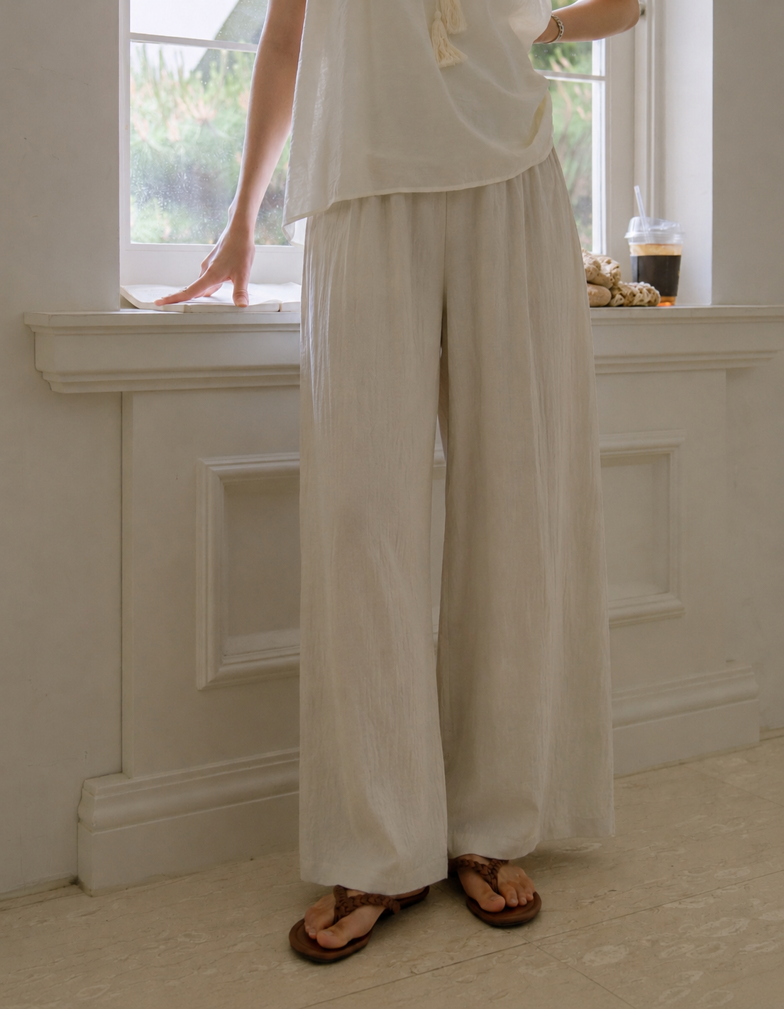 Wide Leg Ice Silk Pants Beige